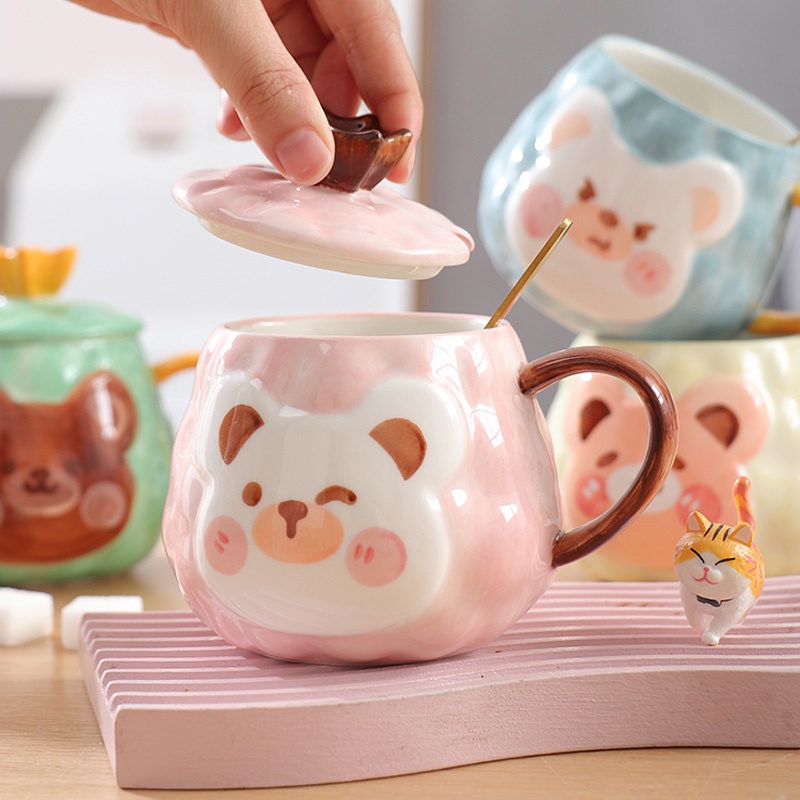 Cốc Sứ Hình Gấu Hoạt Hình Dễ Thương Phong Cách Hàn Quốc Sáng Tạo Có Nắp Và Thìa 400ml