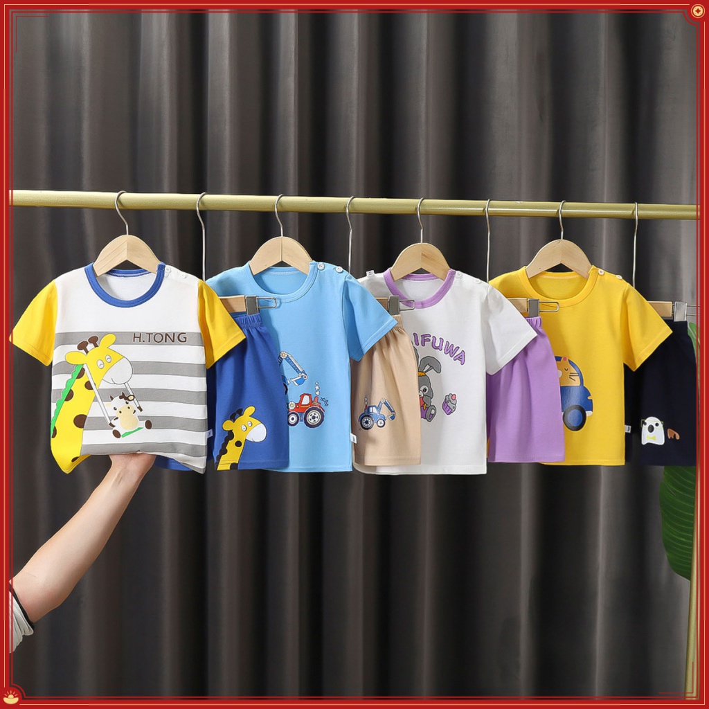 Trẻ Em Tay Ngắn Phù Hợp Với Quần Short Mùa Hè Quần Áo Mùa Hè Bé Trai Bé Gái Cotton Nguyên Chất Áo Thun Mùa Hè Quần Áo Trẻ Em HLSU