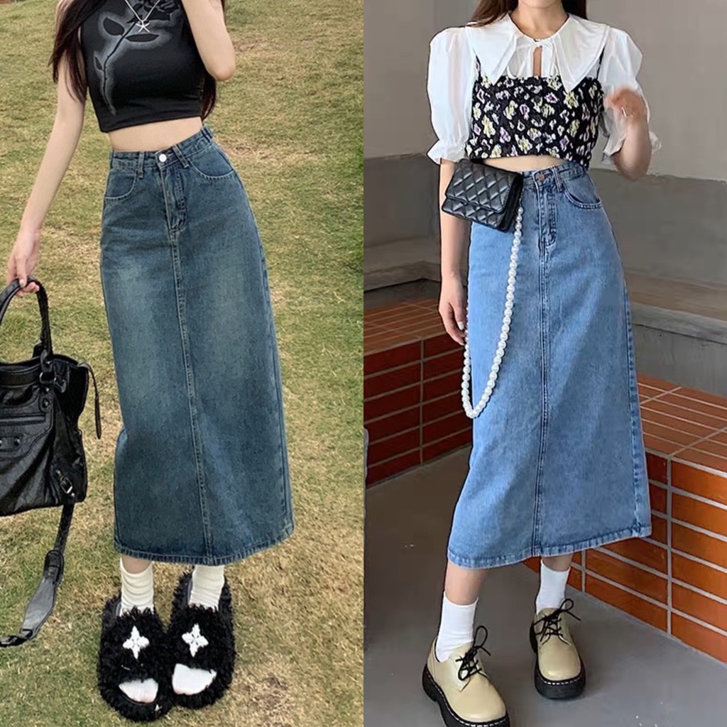 Chân Váy jean Dài Cạp Cao Dáng Suông Dài Thanh Lịch BigSize 55-90kg Rẻ Đẹp Xẻ Sau Phom chữ A 4535