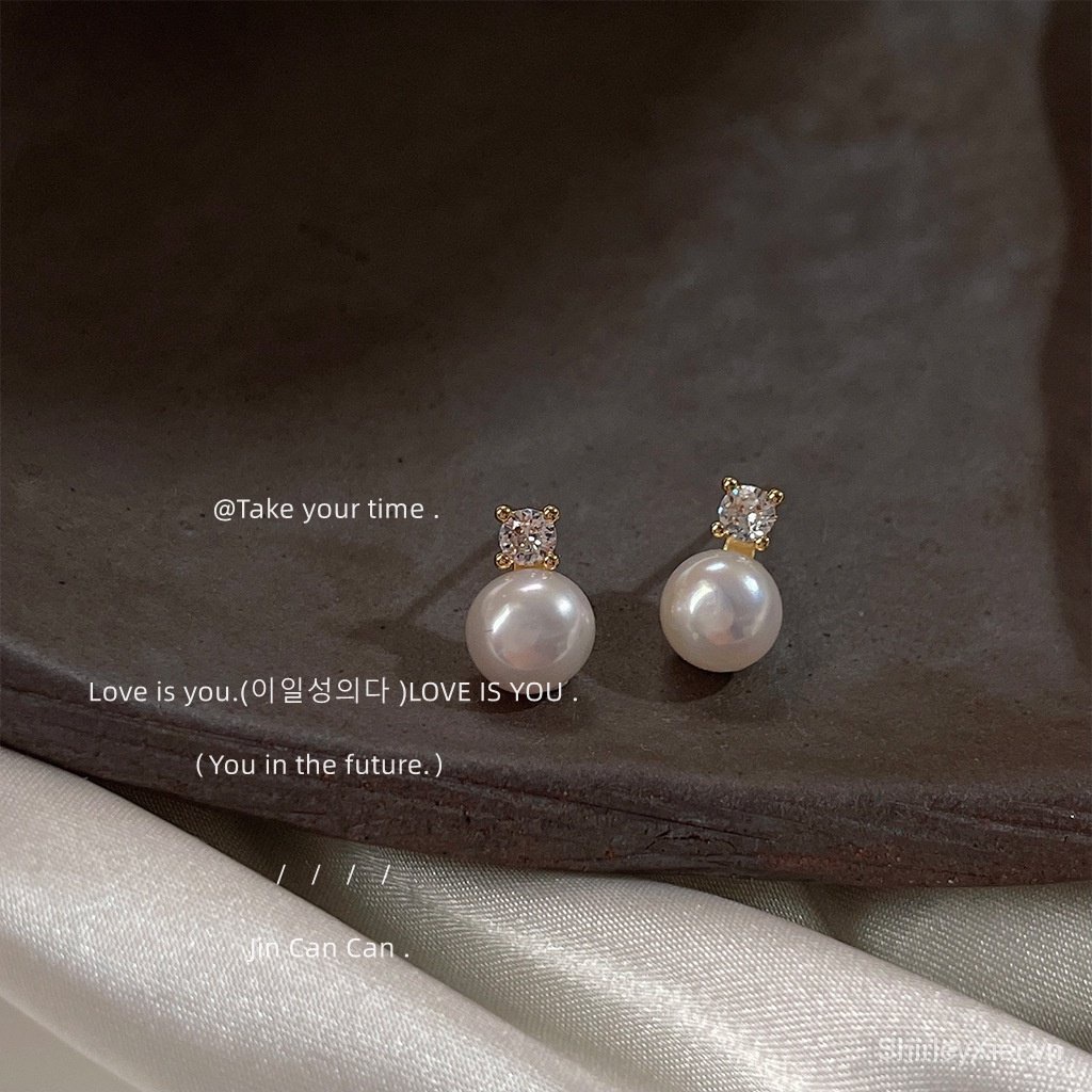 Ngọc trai nước ngọt ~ Bông tai đơn giản kim bạc mạ 14k Micro Zircon dễ phối đồ cao cấp phụ kiện thời trang Nữ Thanh Lịch Kiểu Pháp 925
