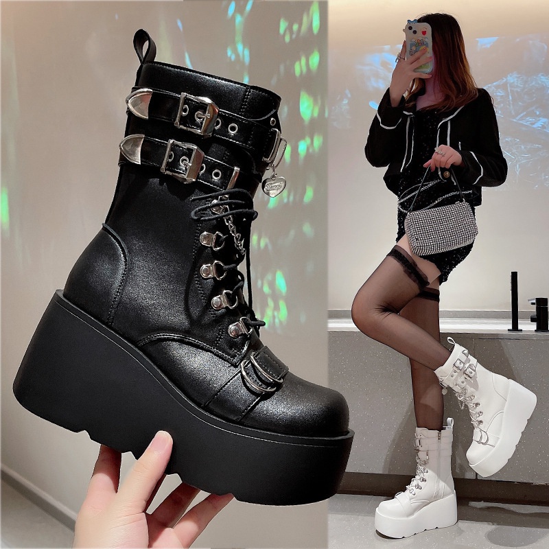 Kích Thước Lớn Nêm Gót Thời Trang Hợp Thời Trang Giày Bốt Nữ Phong Cách Mới Châu Âu Mỹ Punk Phong Cách Đẹp Trai Đế Dày Ống Ngắn Nữ
