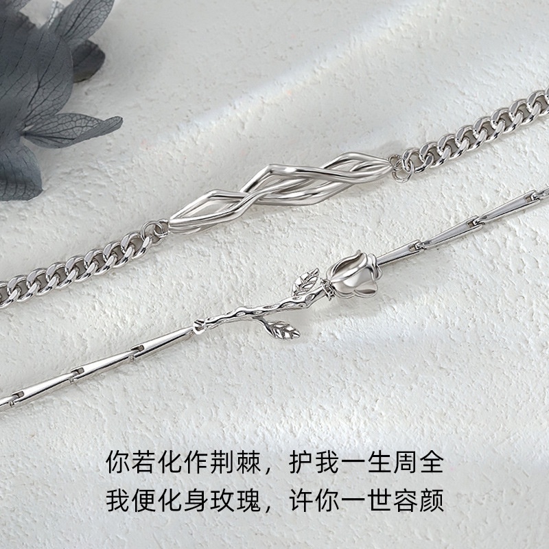 S925 Bạc gai hoa hồng đôi vòng đeo tay thời trang Acacia cây cho nam và nữ một cặp vòng đeo tay