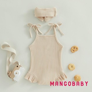 Mgg-infant Girls Romper Màu trơn dệt kim có gân buộc dây Spaghetti Dây đeo không tay Xù Bộ đồ liền thân cho bé có băng đô