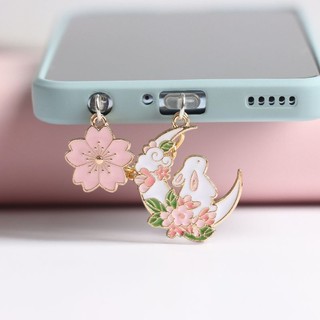 Điện Thoại Di Động Chống Bụi Cắm Tự Làm Dễ Thương Hoa Anh Đào Mặt Dây Chuyền Thỏ Cáp Dữ Liệu Cổng Sạc Chống Bụi P