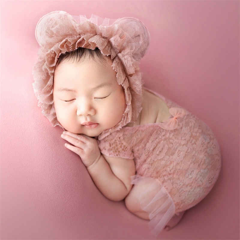 Pealike Áo liền quần sơ sinh ren, mũ chụp ảnh, thân thiện với da, 1 mảnh