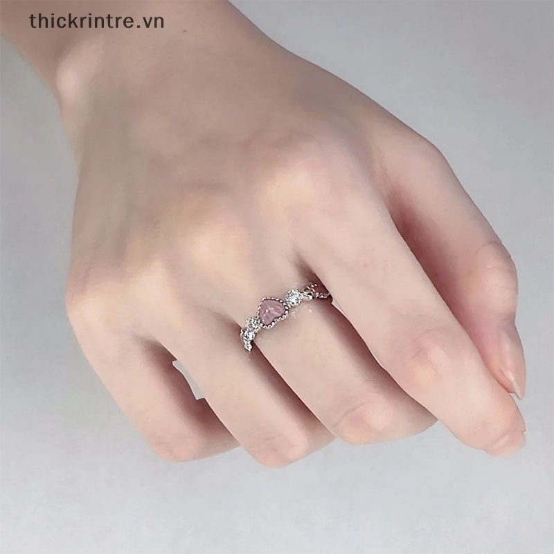 Nhẫn Bạc Đính Đá Opal Hình Trái Tim Màu Hồng Phong Cách Punk Dễ Thương Cho Nữ