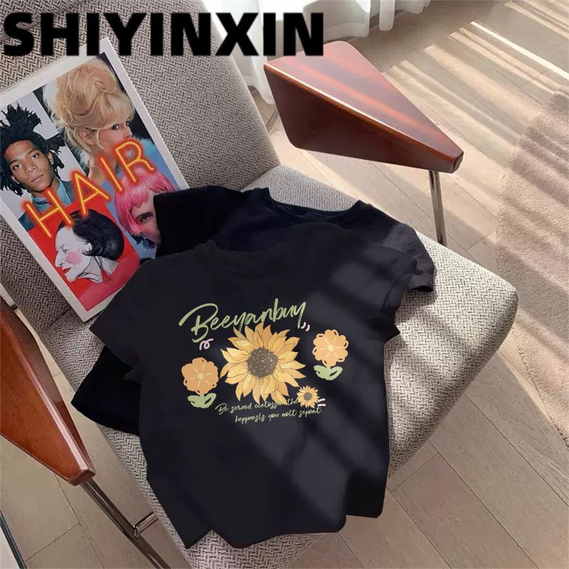 Milyfashion Cotton Hoa Hướng Dương In Vai Ngắn Tay Áo Thun Nữ Mùa Hè Mỏng Nhỏ Ngắn Top Bé tee