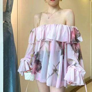 Áo Kiểu Trễ Vai Tay Dài Dáng Rộng In Họa Tiết Thời Trang Mùa Hè Hàng Mới 2023 Dành Cho Bạn Nữ