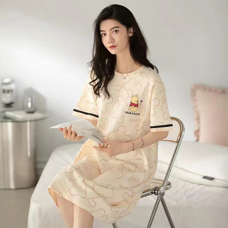 Váy Ngủ-Đầm Ngủ Ngắn Tay Cổ Tròn Form Rộng Thời Trang Mùa Hè Cho Nữ
