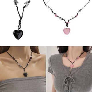 Com * Mặt dây chuyền trái tim Xương đòn Chuỗi Vòng cổ Đá quý màu đen-Áo dệt Dây