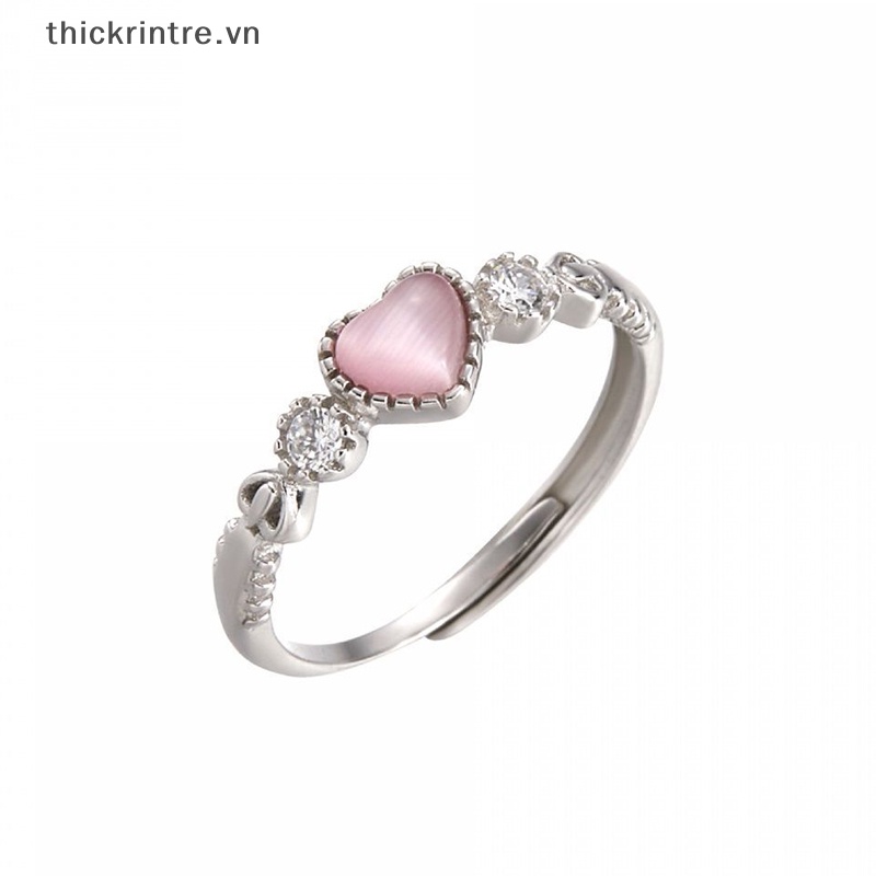 Nhẫn Bạc Đính Đá Opal Hình Trái Tim Màu Hồng Phong Cách Punk Dễ Thương Cho Nữ