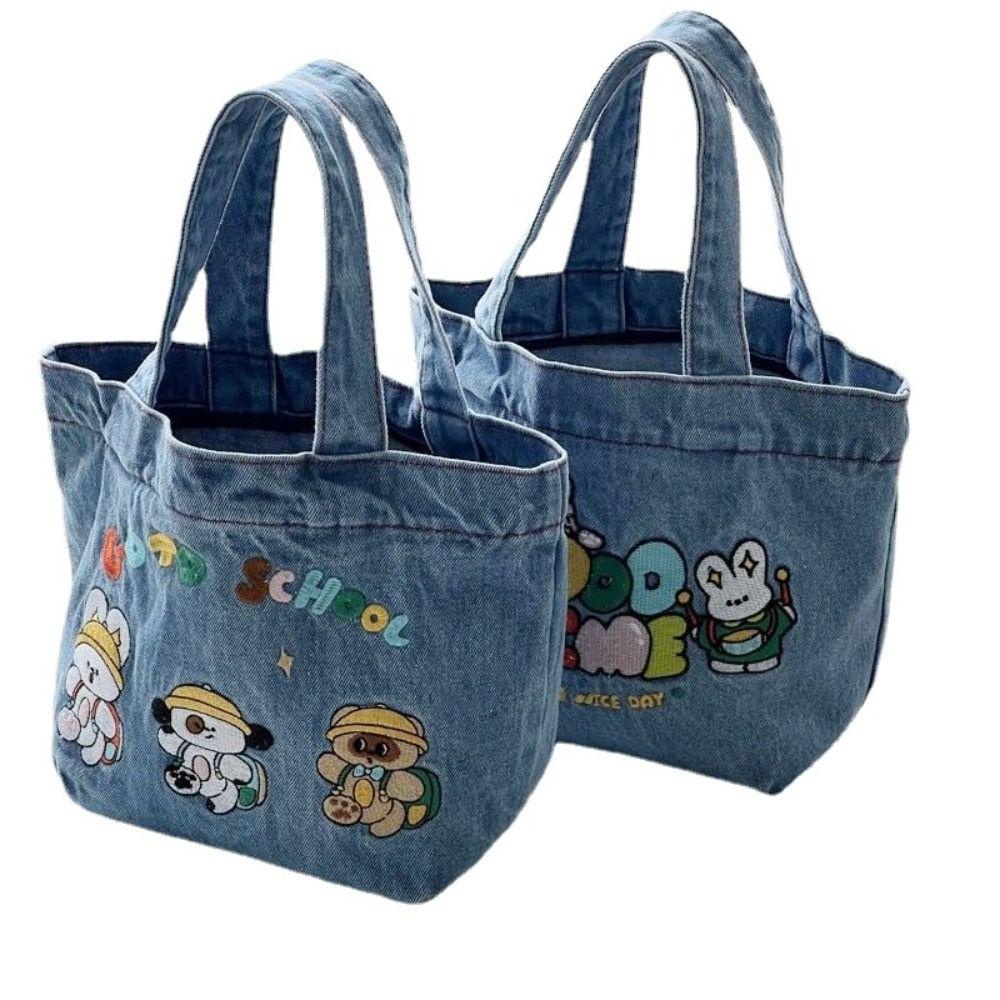 Túi Tote HOBBYIN, Túi đựng đồ ăn trưa Denim giặt, Túi xách thêu hoạt hình dung tích lớn dễ thương ngoài trời