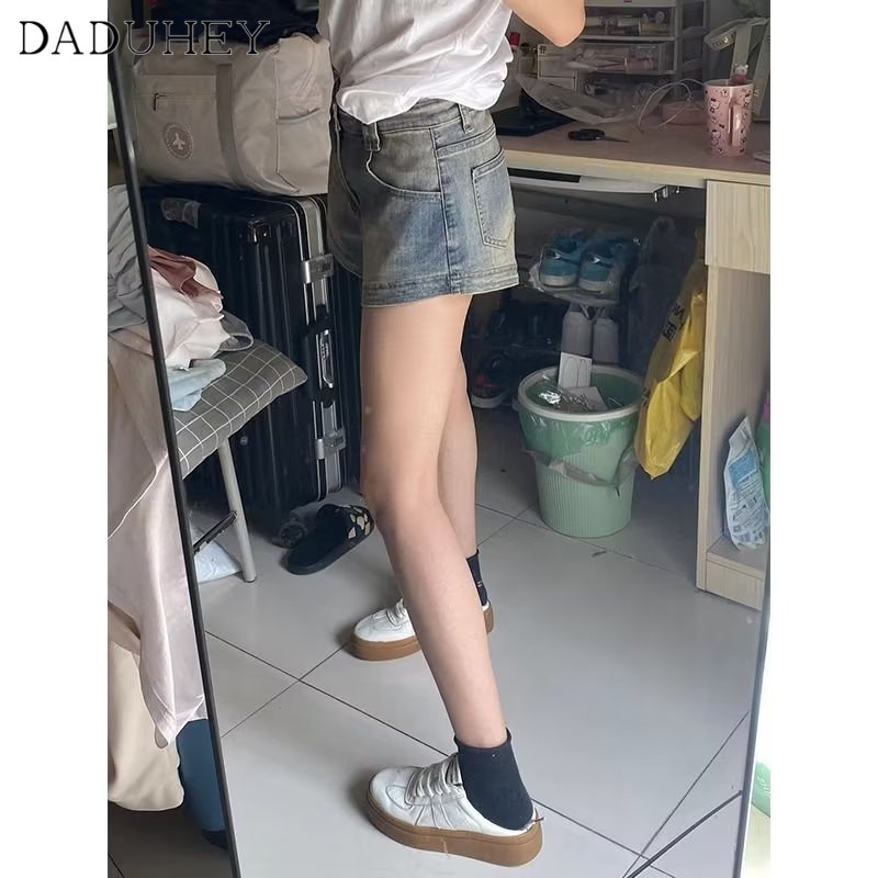 Ảnh Quần short denim DADUHEY dáng chữ A lưng cao size lớn phong cách retro đường phố Mỹ mới 2