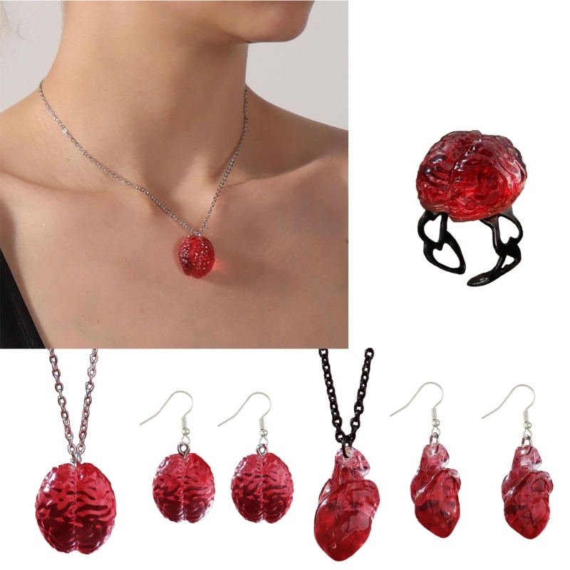 Coo Bộ Trang Sức Vòng Cổ Khuyên Tai Nhẫn Trái Tim Đỏ Thiết Kế Bộ Não Phong Cách gothic Hóa Trang Tiệc halloween
