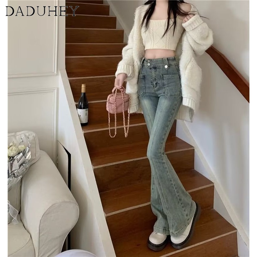 Ảnh DaDuHey New American Style Ins High Street Workwear Jeans Niche High Waist Slightly Flared Pants plus Size Trousers 2