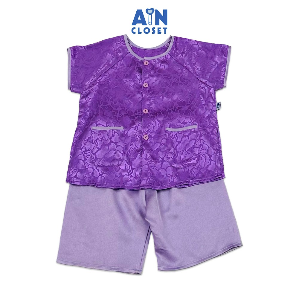 Bộ quần áo Bà Ba Lửng bé gái họa tiết Hoa Tím Royal gấm lụa - AICDBGERPNSJ - AIN Closet