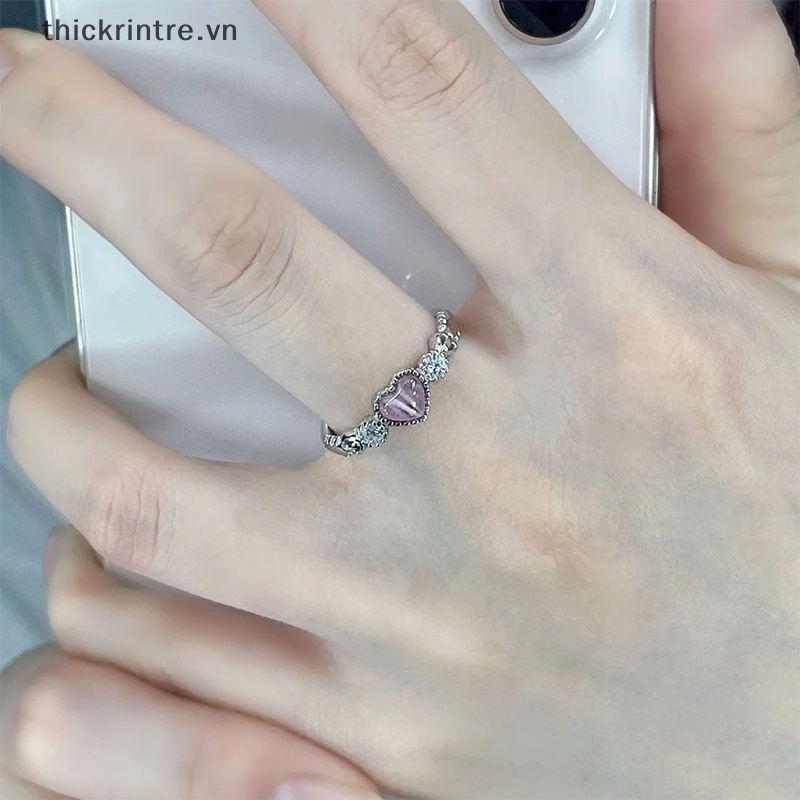 Nhẫn Bạc Đính Đá Opal Hình Trái Tim Màu Hồng Phong Cách Punk Dễ Thương Cho Nữ