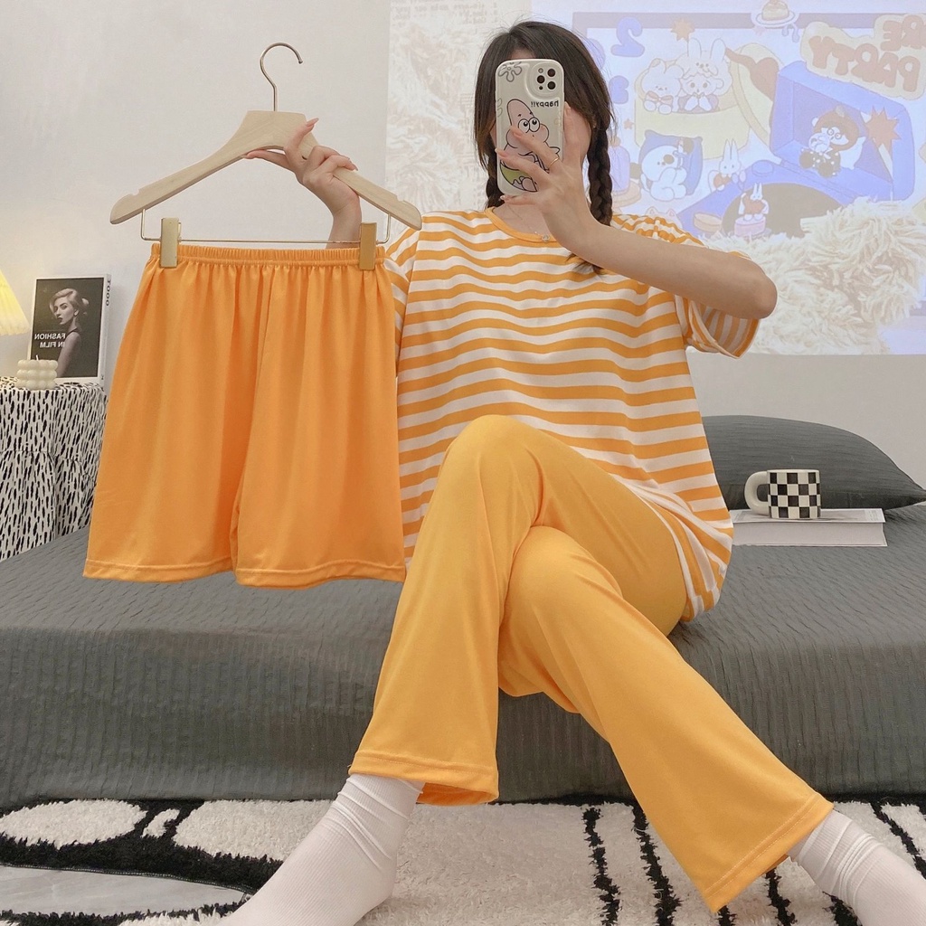 Váy Ngủ	Pyjama Bộ Đồ Ngủ Áo Tay Ngắn Cổ Tròn Có Đệm Ngực Và Quần Short Họa Tiết Kẻ Sọc Dành Cho Nữ [luyoo32]