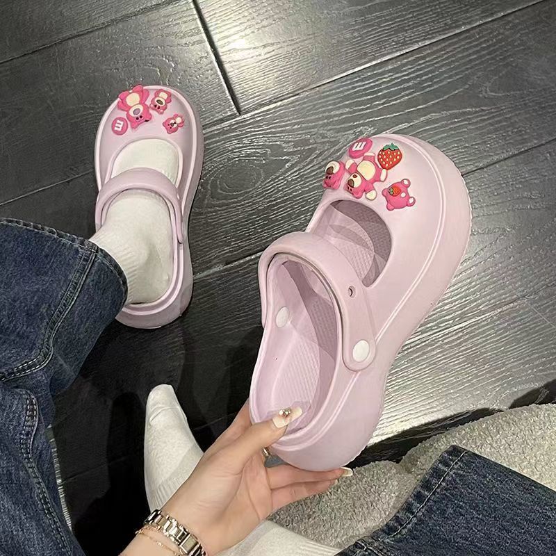 Dép Sandal Mary Jane Đục Lỗ Đế Dày Chống Trượt In Họa Tiết Dâu Tây / Gấu Dễ Thương Thời Trang Mùa Hè Cho Nữ
