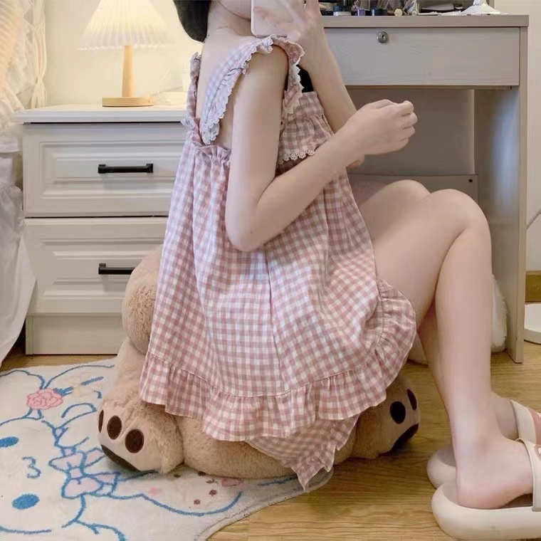 Bộ đồ Ngủ Ngắn Hai Dây Phối Ren Kẻ Sọc Caro Ngọt Ngào Dễ Thương Mặc ở Nhà Cho Nữ Sinh