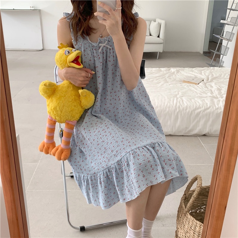 Bong bóng cotton gạc đồ ngủ mùa hè phụ nữ sling nightdress influencer dễ thương ngọt ngào đồ mặc nhà