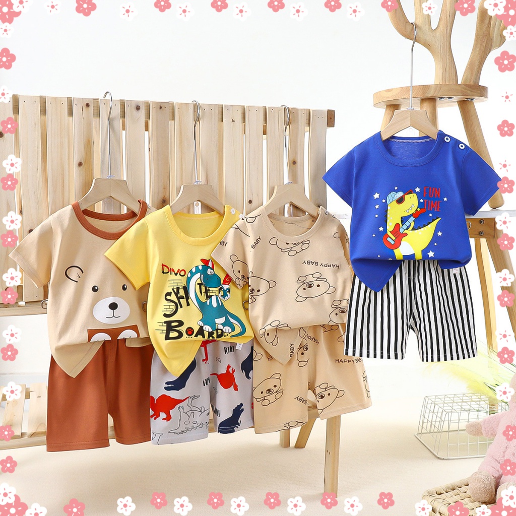 Phong Cách Mới Trẻ Em Tay Ngắn Phù Hợp Với Cotton Bé Trai Quần Áo Trẻ Em Bé Gái Quần Short Thể Thao Homewear Phù Hợp Với