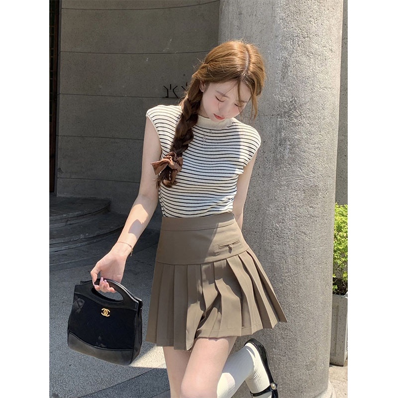 Suxi Mùa Hè Nữ Cổ Tròn Slim Fit Dệt Kim Sọc Áo Tank Top