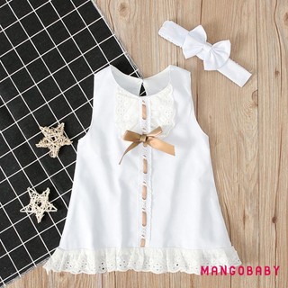 Bộ quần áo mùa hè MGG-Baby Girls, Váy công chúa xếp nếp ren không tay + Băng đô nơ co giãn