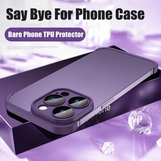 Không Khung Không Ốp Lưng Góc Miếng Lót TPU Ốp Lưng Cho iPhone 15 ProMax 15 14 Plus 13 12 Pro Max Với Kính Cường Lực Bảo Vệ Ống Kính T05