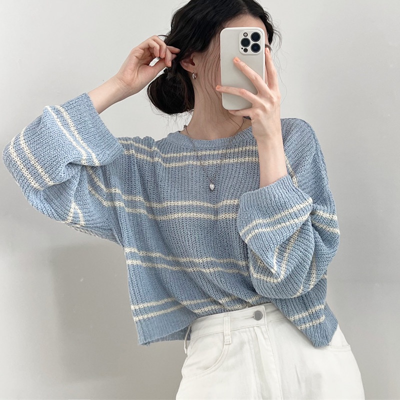 Áo dệt kim SUXI tay dài dáng rộng họa tiết kẻ sọc phong cách Hàn Quốc thời trang mùa hè xinh xắn cho nữ