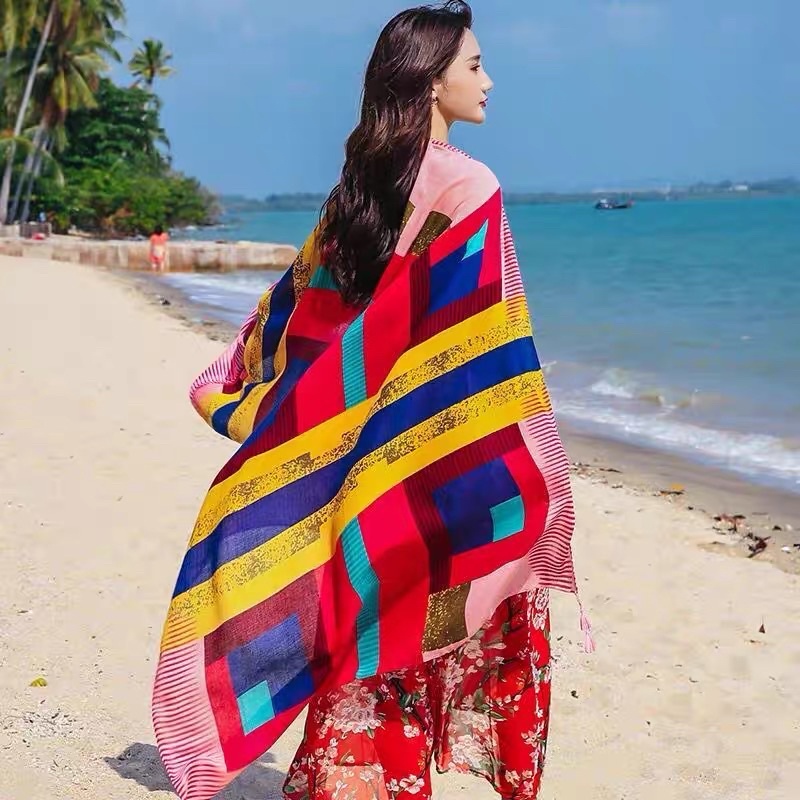 Khăn BOHO Đi Biển Nữ, Khăn Choàng Cổ Họa Tiết Thổ Cẩm Nhiều Màu Đa Dạng Mẫu Mã Siêu Dễ Thương 90x180cm - HOTI - KCB012