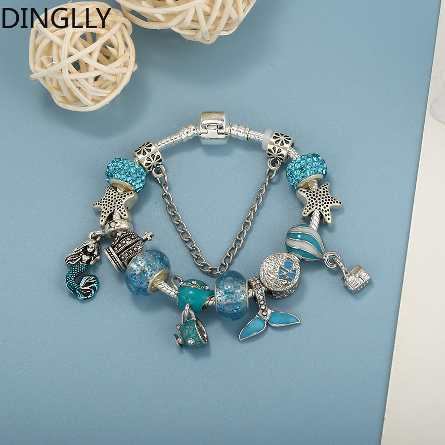 Vòng Tay Hạt Charm Đuôi Cá Màu Bạc / Ấm Trà / Bong Bóng Màu Xanh Dương DINGLLY Cho Nữ