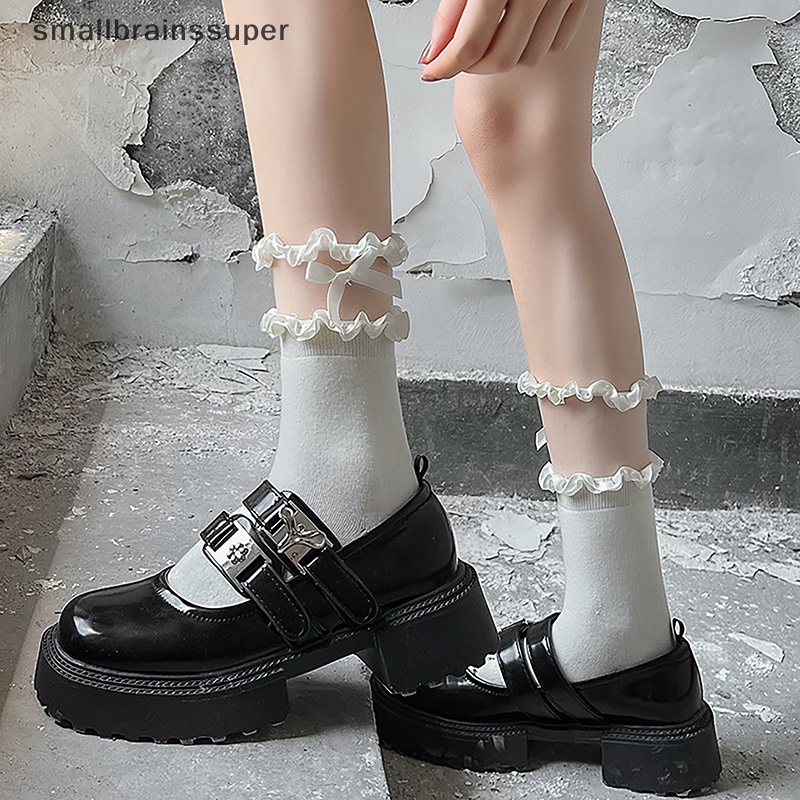 Smallbrainssuper 1 Đôi Tất Cotton Mỏng Phối Ren Đính Nơ Thời Trang Xuân Thu Thoáng Khí