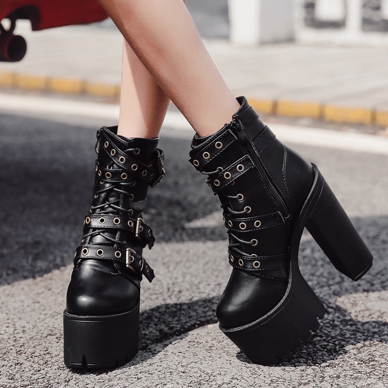 Châu Âu Mỹ Gợi Cảm Hộp Đêm Đế Dày Martin Boots Nữ Cao Gót Chống Thấm Nước Nền Tảng Khóa Thắt Lưng Giày Bốt Ngắn
