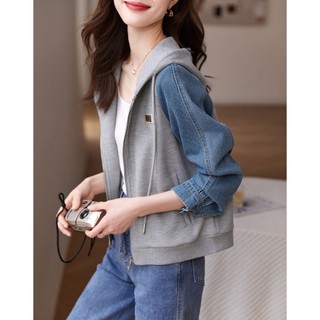 Casual denim stitching top 2023 mùa xuân phong cách mới dây rút có mũ trùm đầu kết cấu áo khoác all-match nữ