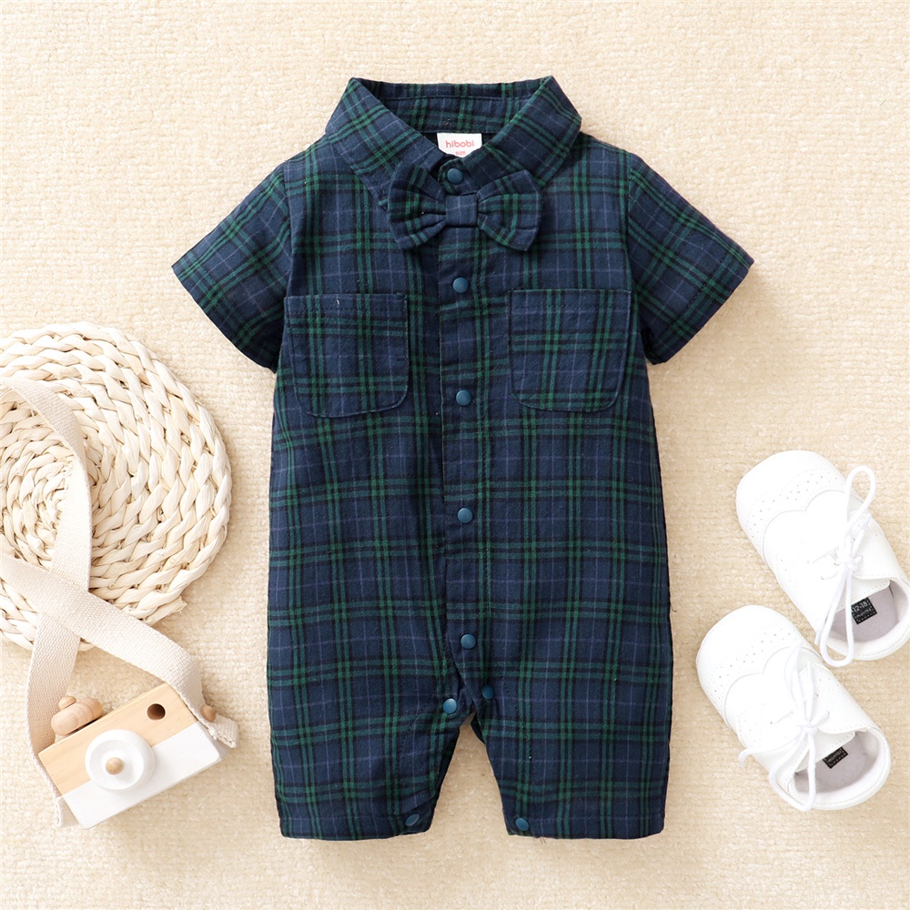 Mô tả Sơ sinh baby boy gentlemen's bodysuit turn-down tay ngắn kẻ sọc romper Áo liền quần quần áo dự tiệc hàng ngày - 4