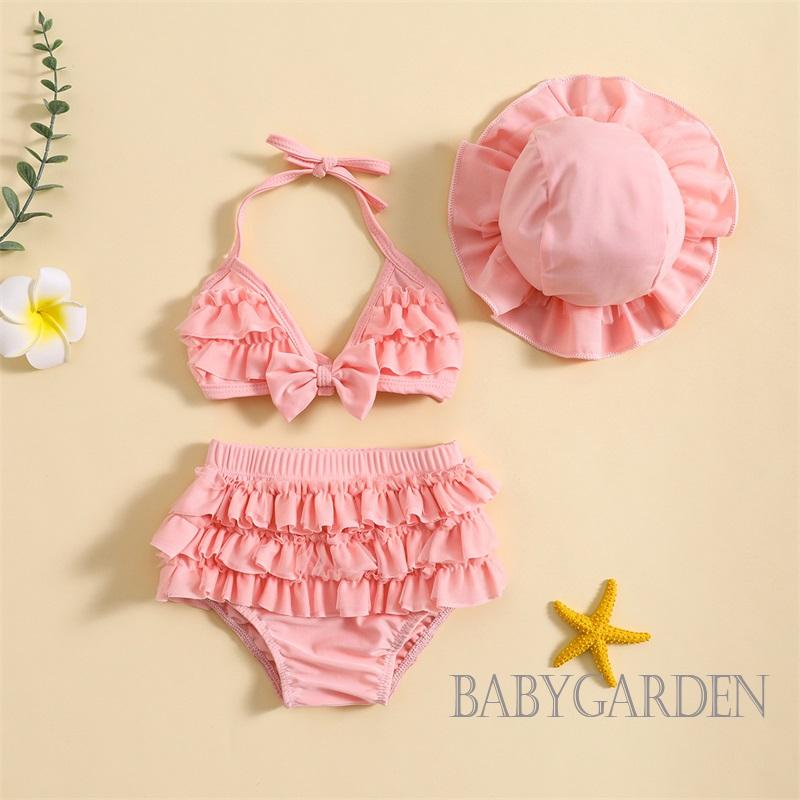 Set Đồ Bơi Mùa Hè Gồm Áo Cổ Treo + Quần Nhiều Lớp + Mũ Cho Bé Gái