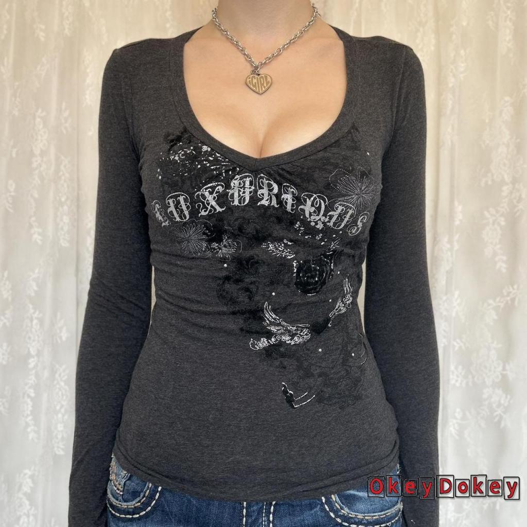 Áo Thun Tay Dài Dáng Ôm Phong Cách Gothic Harajuku Cổ Điển OKDK-Y2K