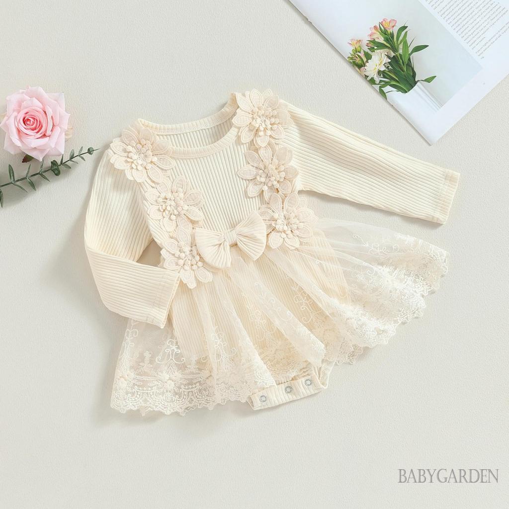 Bộ Áo Liền Quần Tay Dài Cổ Tròn Phối Voan Hoa Dành Cho Bé Gái 0-18 Tháng Tuổi