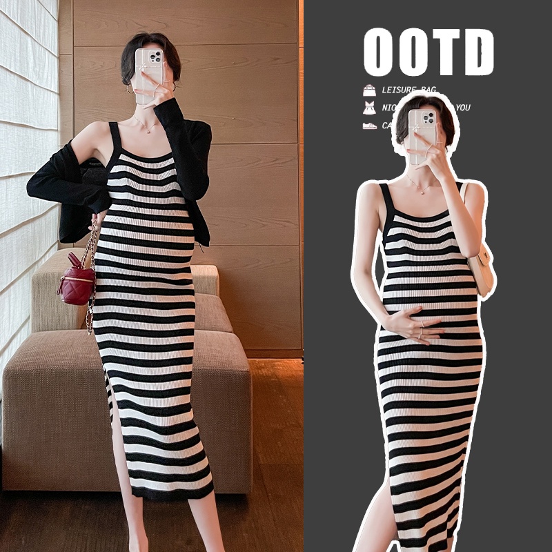 Set Áo Thun Dài Tay Sọc Ngang + Đầm Yếm Cộc Tay Thời Trang Cho Mẹ Bầu