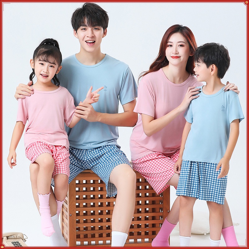 Quần áo gia đình dành cho cha mẹ và con cái Size 90-180 Áo thun ngắn tay Phù hợp với nam nữ Quần Short mỏng Phong cách trẻ em Hợp thời trang Mùa hè Bộ đồ ngủ X