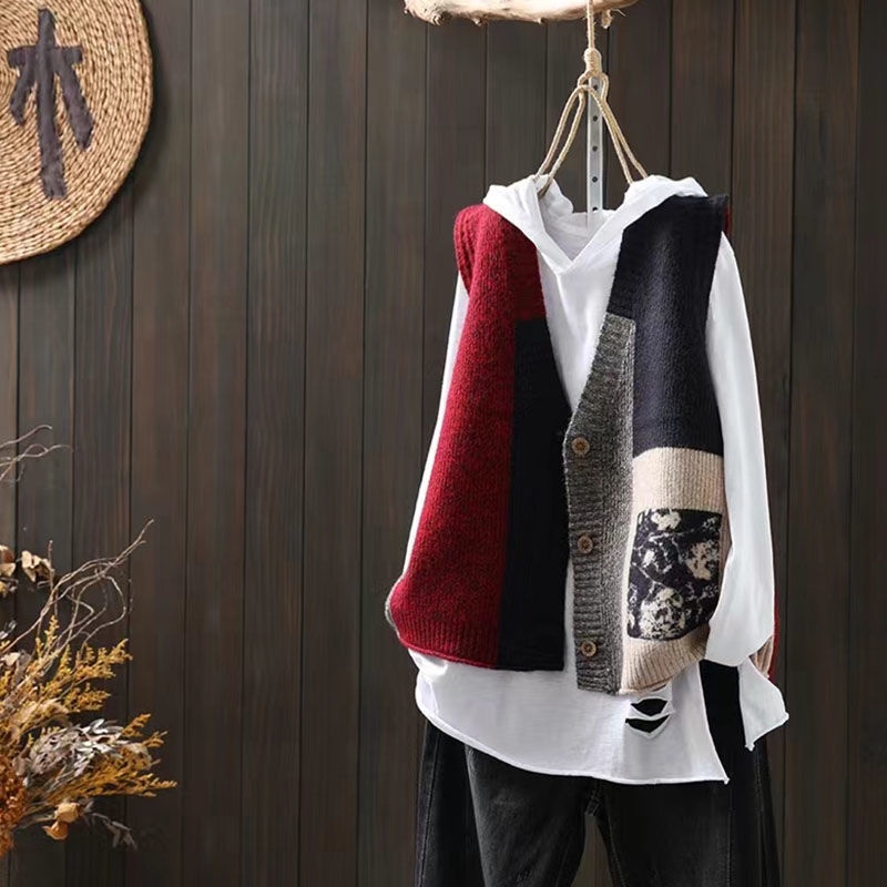 Plus Size Dệt Kim Áo Vest Nữ Cổ Chữ V Không Tay Ve Áo Lớp Phủ Retro