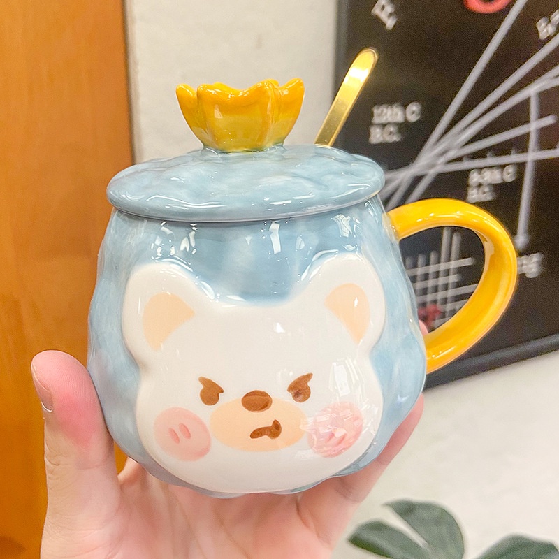 Cốc Sứ Hình Gấu Hoạt Hình Dễ Thương Phong Cách Hàn Quốc Sáng Tạo Có Nắp Và Thìa 400ml