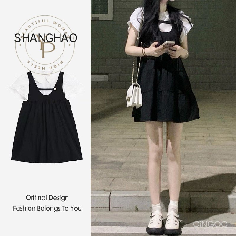 đầm yếm dễ thương Đầm sơ mi giả hai dây cổ búp bê phong cách preppy ...