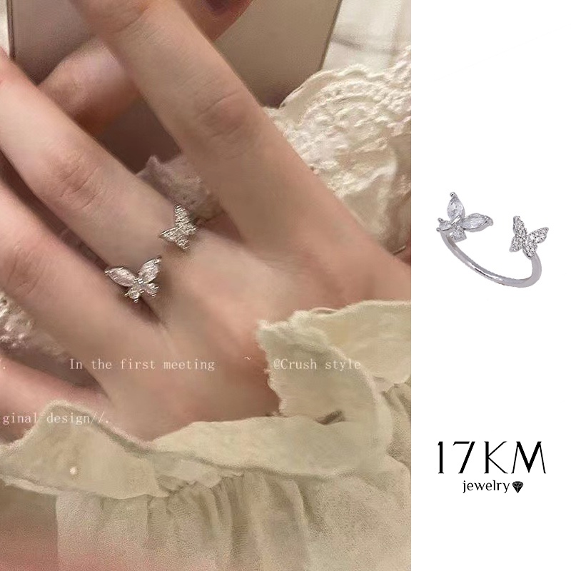 Nhẫn 17KM mạ bạc hình bướm đính đá zircon phong cách Hàn Quốc