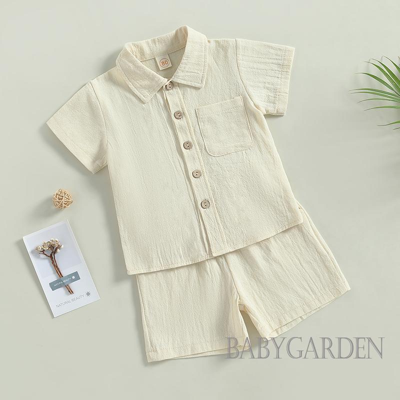 Bộ Áo Sơ Mi Tay Ngắn Màu Trơn Cài Nút + Quần Short Lưng Thun Thời Trang Cho Bé Trai 6 Tháng - 4 Tuổi
