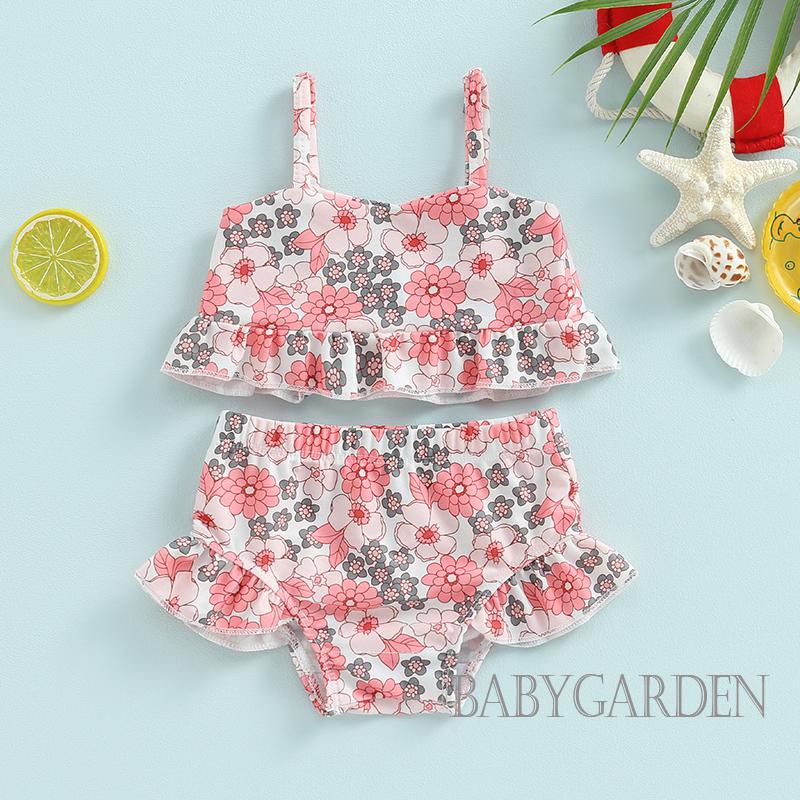 Bộ Đồ Bơi Hai Mảnh Không Tay + Quần Ngắn Nhún Bèo Thời Trang Đi Biển Cho Bé Gái 6 Tháng Tuổi