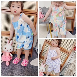 Tập Đi Bé Gái Quần Áo Mùa Hè Sling 2 Bộ Trang Phục Hoa Không Tay Bé Gái Bộ Quần Áo