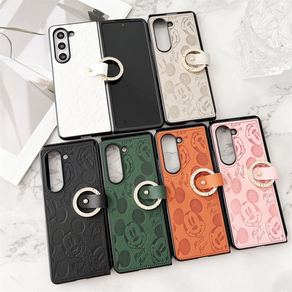 Dành Cho Samsung Galaxy Z Fold 7 6 5 4 3 2 Da PU Cổ Điển Hình Chuột Mickey Đơn Giản Chống Sốc Ốp lưng Cho Z Fold7 Có Dây Buộc Vòng Ngón Tay Gấp Ốp lưng