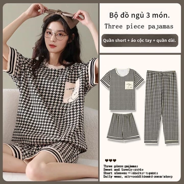 bộ quần áo ở nhà nữ đồ ngủ cổ tròn set đồ bộ cho nữ quần bộ pizama pijama bigsize M-XXL set đồ Đồ ngủ kẻ ô. Bộ Đồ Ngủ Cotton Ngắn Tay Xinh Xắn Dành Cho Nữ